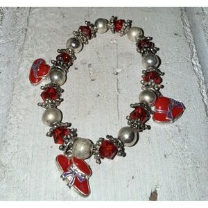 Red Hat Society Charm BraceletLadies Stretch Red Silver Colored